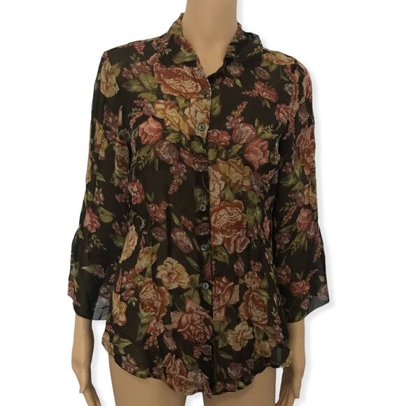 CAbi Tops - Cabi Vintage Style Brown Floral Vivian Silk Blouse Style 400 S